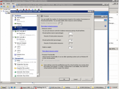microsoft windows 2008 hyper-v manager processor setting