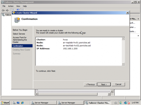 windows 2008 cluster configuraiton confirmation window