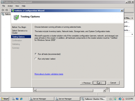 windows 2008 cluster validation run all tests