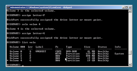 windows 2008 server core assign partition letters repeat for the rest