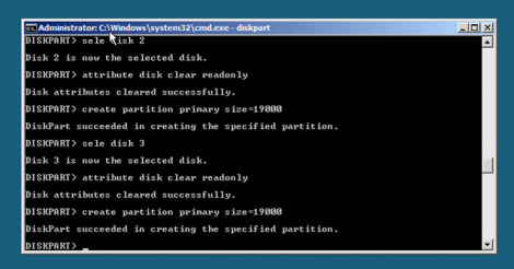 Windows 2008 Server Core create primary partitions