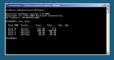 windows 2008 server core diskpart and listdisk