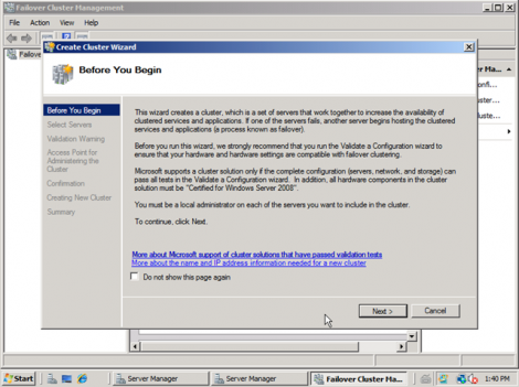 windows 2008 start cluster wizard