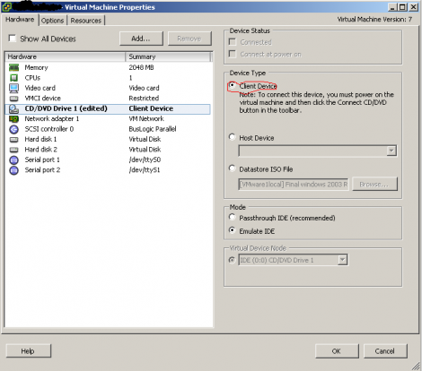 changing Virtual Machine CDRom Settings to client Device