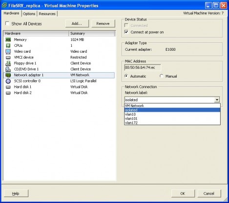 VMware ESX 4 connect the virtual machine network adapter to isolated network