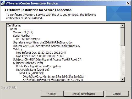 Certificate Installation for Secure Inventory Service Connection