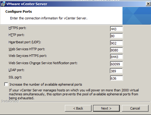 Confirm the ports to be used by VMware vCenter 5.1