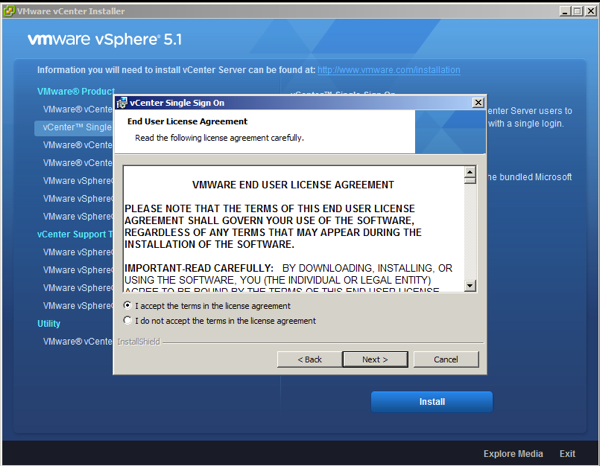 On vCenter 5.1 SSO installation wizard accept the license agreement