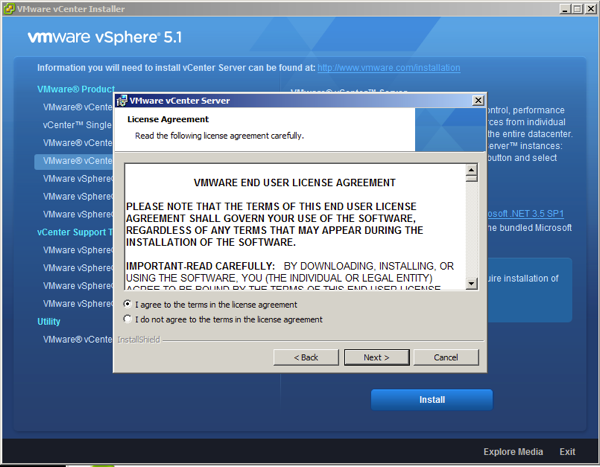 On vCenter 5.1 installation wizard accept the license agreement