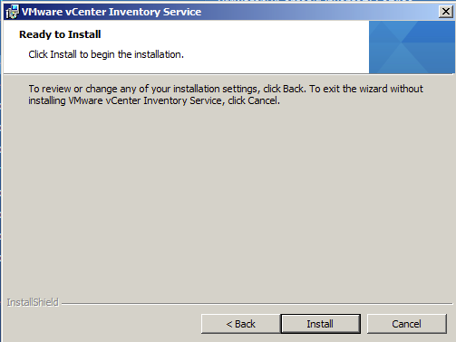 On vCenter Inventory Service Ready to install Page hit install