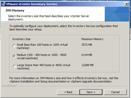 Select the inventory size that best describe your vCenter Server Deployment