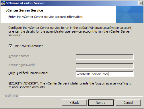 Specify the vCenter Service account