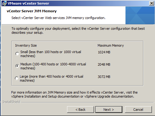vCenter Server JVM Memory Size
