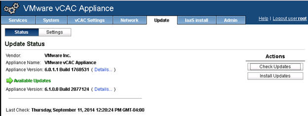 vCloud Automation Center Appliance check for update
