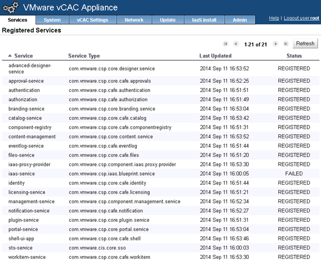 vCAC 6.1 Appliance Registered Services