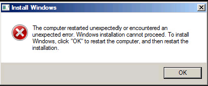 The computer restarted unexpectedly or encountered an unexpected error