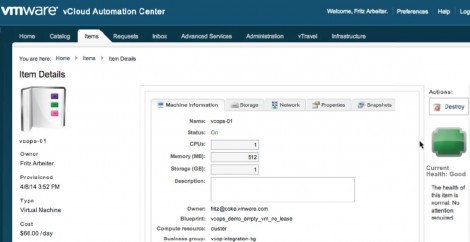 vRealize Automation & vRealize Operations integrations showing VMs Health