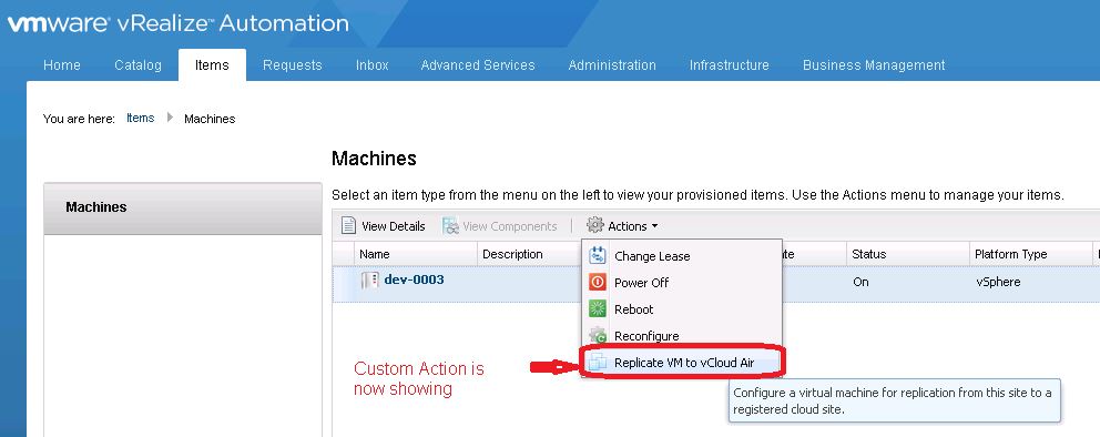 vRealize Automation Custom Actions are working again