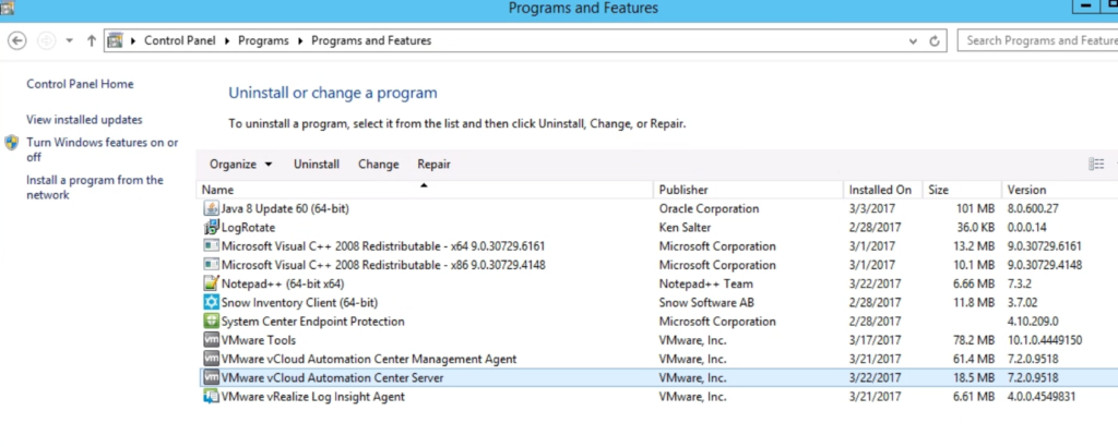 Remove the VMware vCloud Automation Center Server from Program and features
