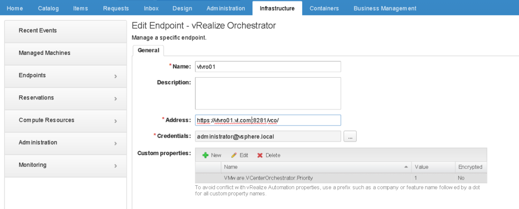 Configure vRO Endpoint in vRA