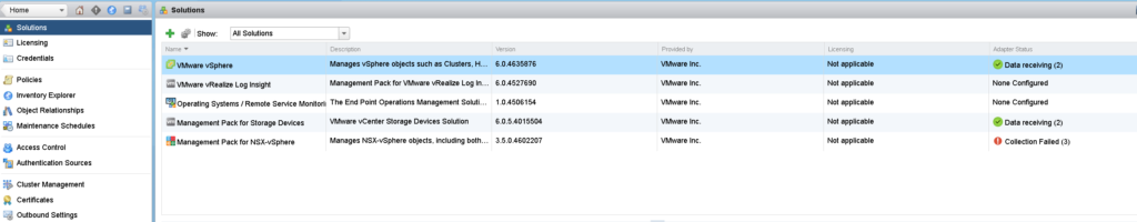 vROPs Solution Tab before installing vRA Management Pack