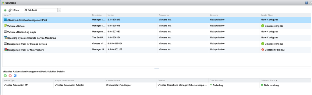 vRealize Automation MP Data receiving
