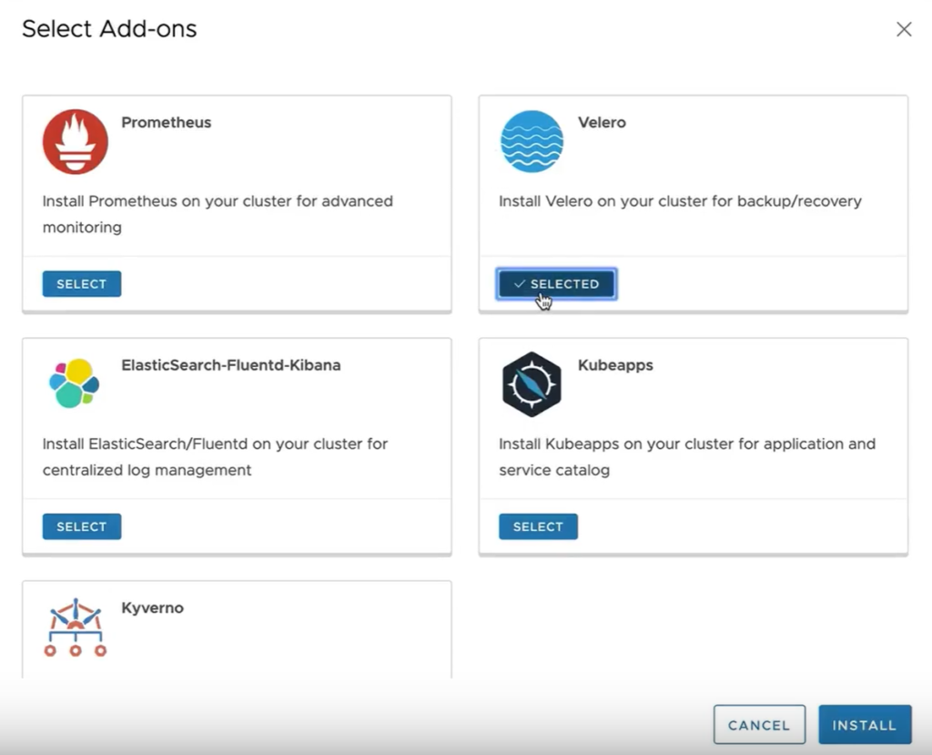 Nirmata K8s readily available Addons in vCloud Director Interface