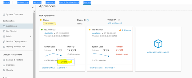 NSX-T Manager use the delete button to delete it