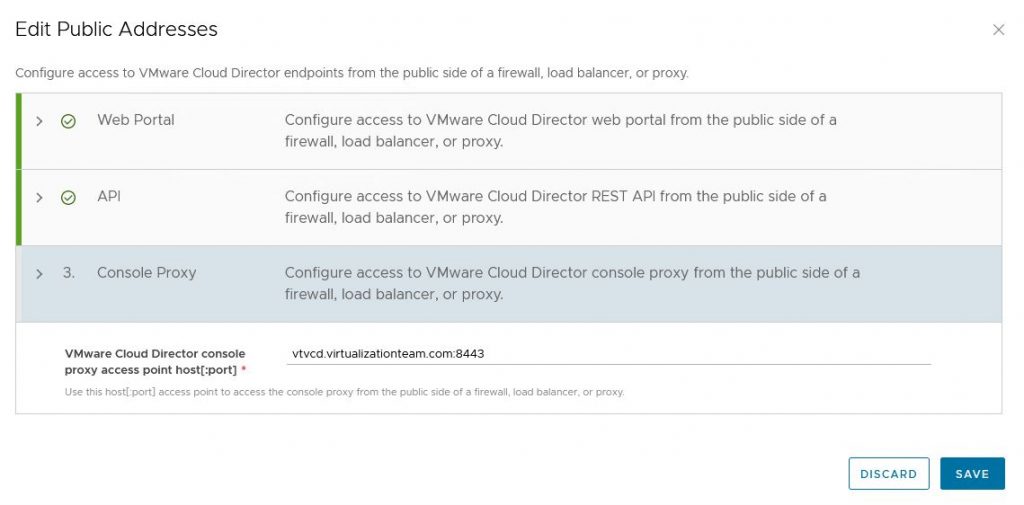 VMware Cloud Director Edit Console Proxy access point host port