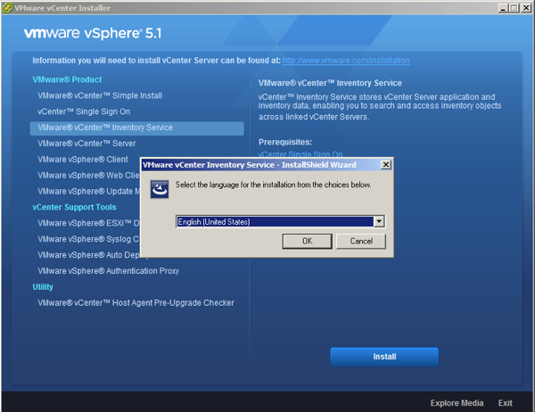 vCenter 5.1 Inventory Service Installation Wizard Choose Language